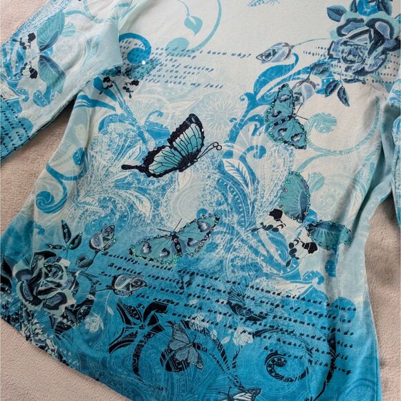 Y2K Grunge Butterfly Graphic T-Shirt Women's XL Blue Sparkly Print 3/4 Sleeve - Picture 4 of 8